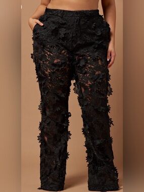 NovaLuxe Denise Embroidered Sheer Floral Appliqué Wide-Leg Pants - Black 1X